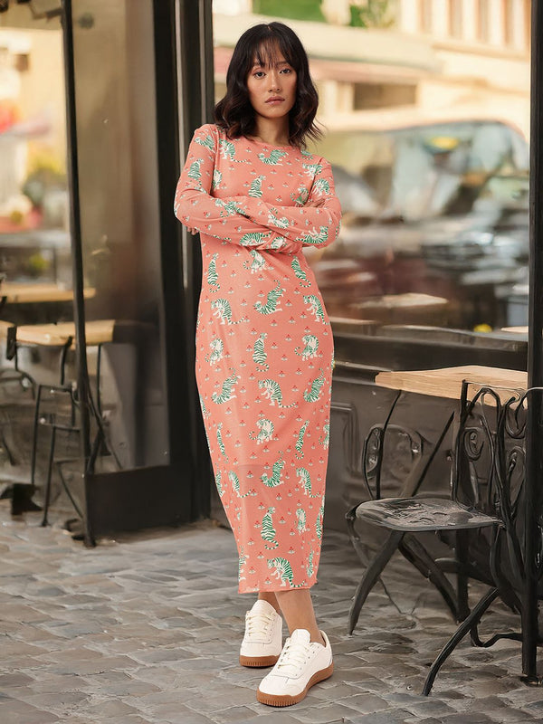 DressBerry Girly Girl Soft Net Graphic Printed Sheath Midi Dress Comes With Inner Slip