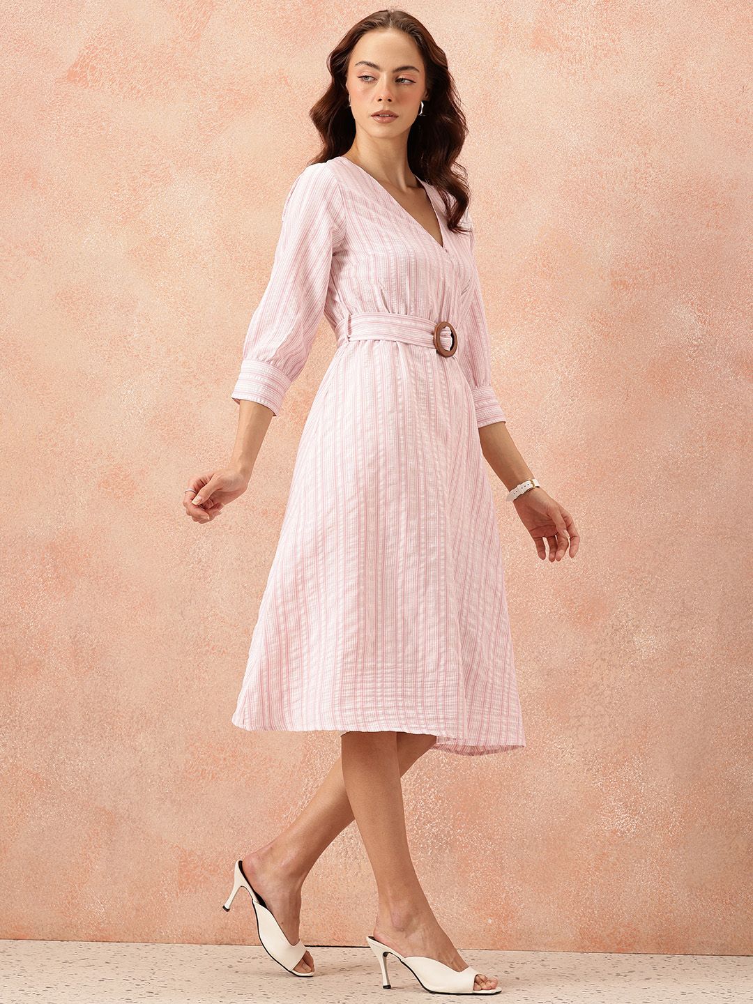 all about you Vertically Striped Seersucker Wrap-Style Midi A-Line Dress with Belt