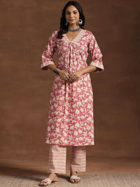 Libas Women Floral Printed Pleated Pure Cotton Kurta with Trousers