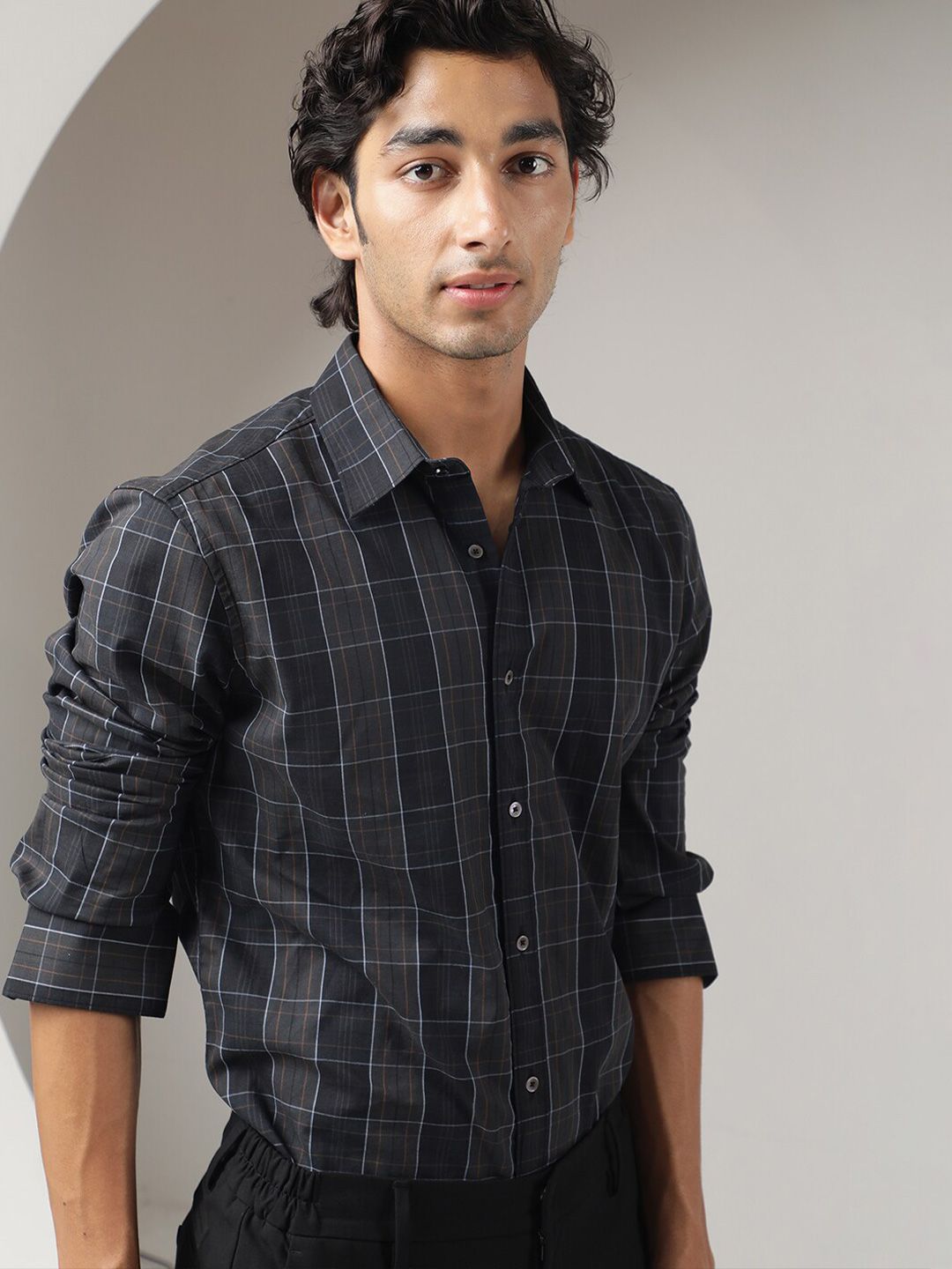 RARE RABBIT Men Lancelot Slim Fit Tartan Checked Cotton Shirt