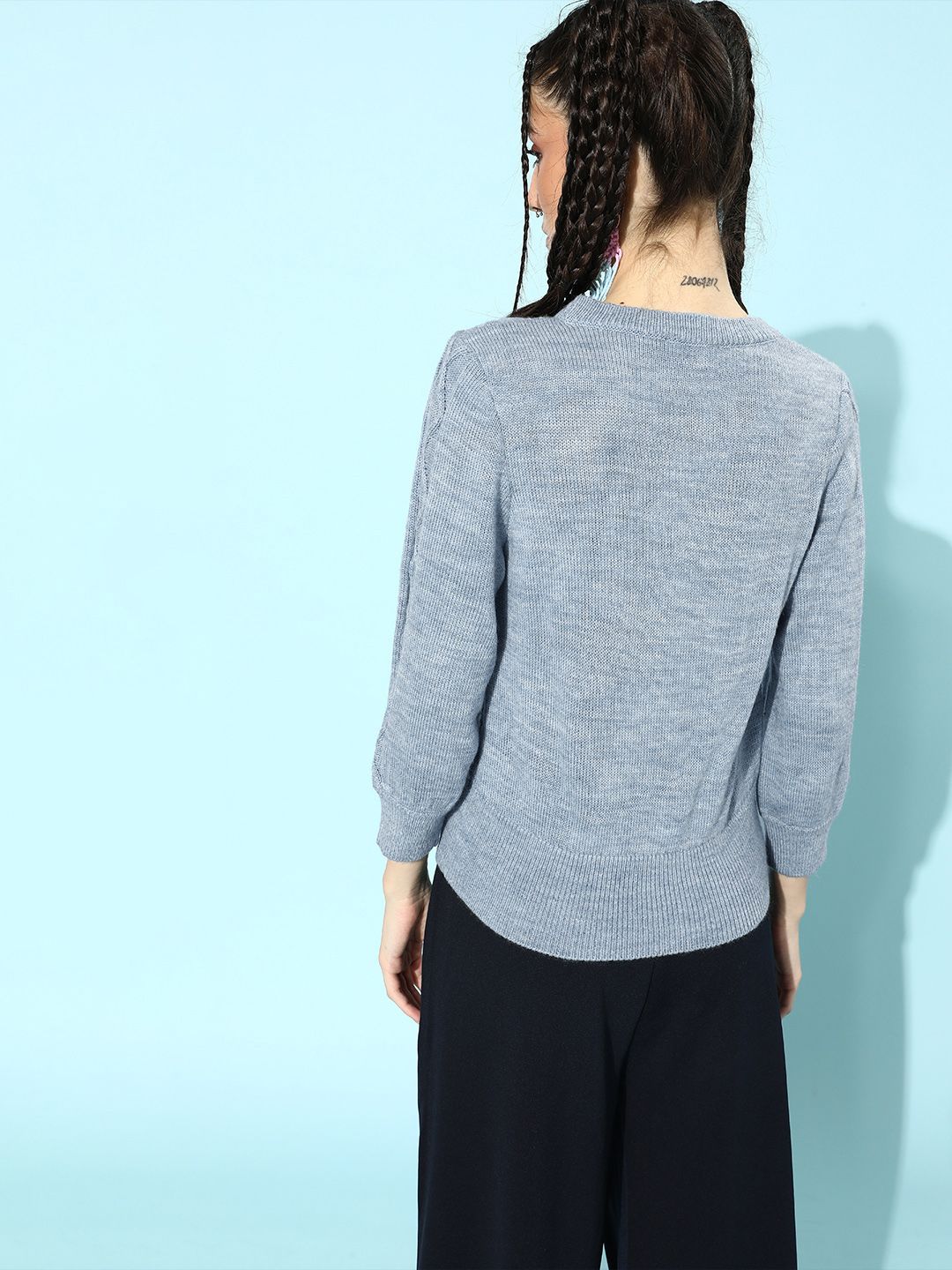 STREET 9 Women Blue Cable Knit Acrylic Pullover