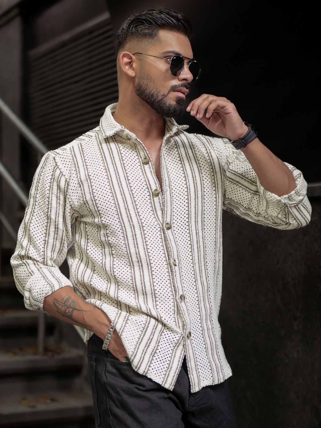 Powerlook Men Spread Collar Vertical Striped Casual Shirt