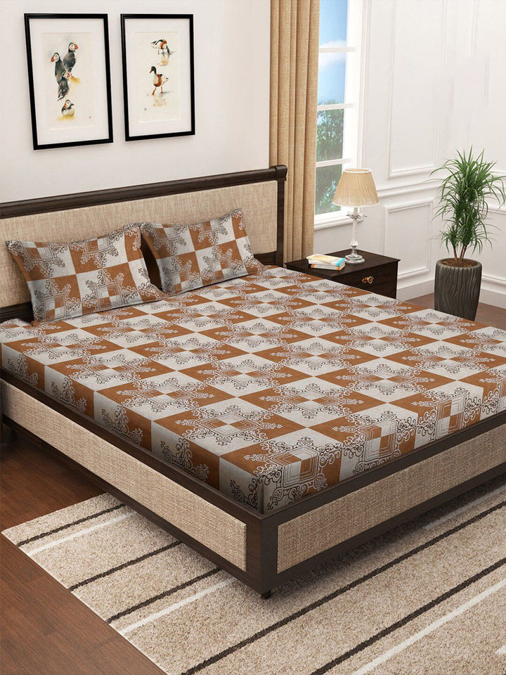 KLOTTHE Motif Etnik Coklat Kapas 400 TC Dilengkapi Cadar Katil Super King Superfine dengan 2 Sarung Bantal-106 x 106 inci