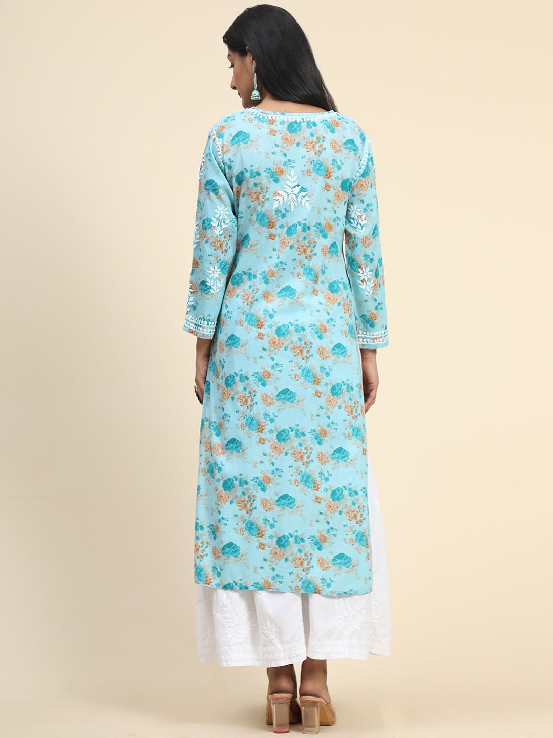 HOUSE OF KARI Floral Printed Thread Work Cotton Kurta