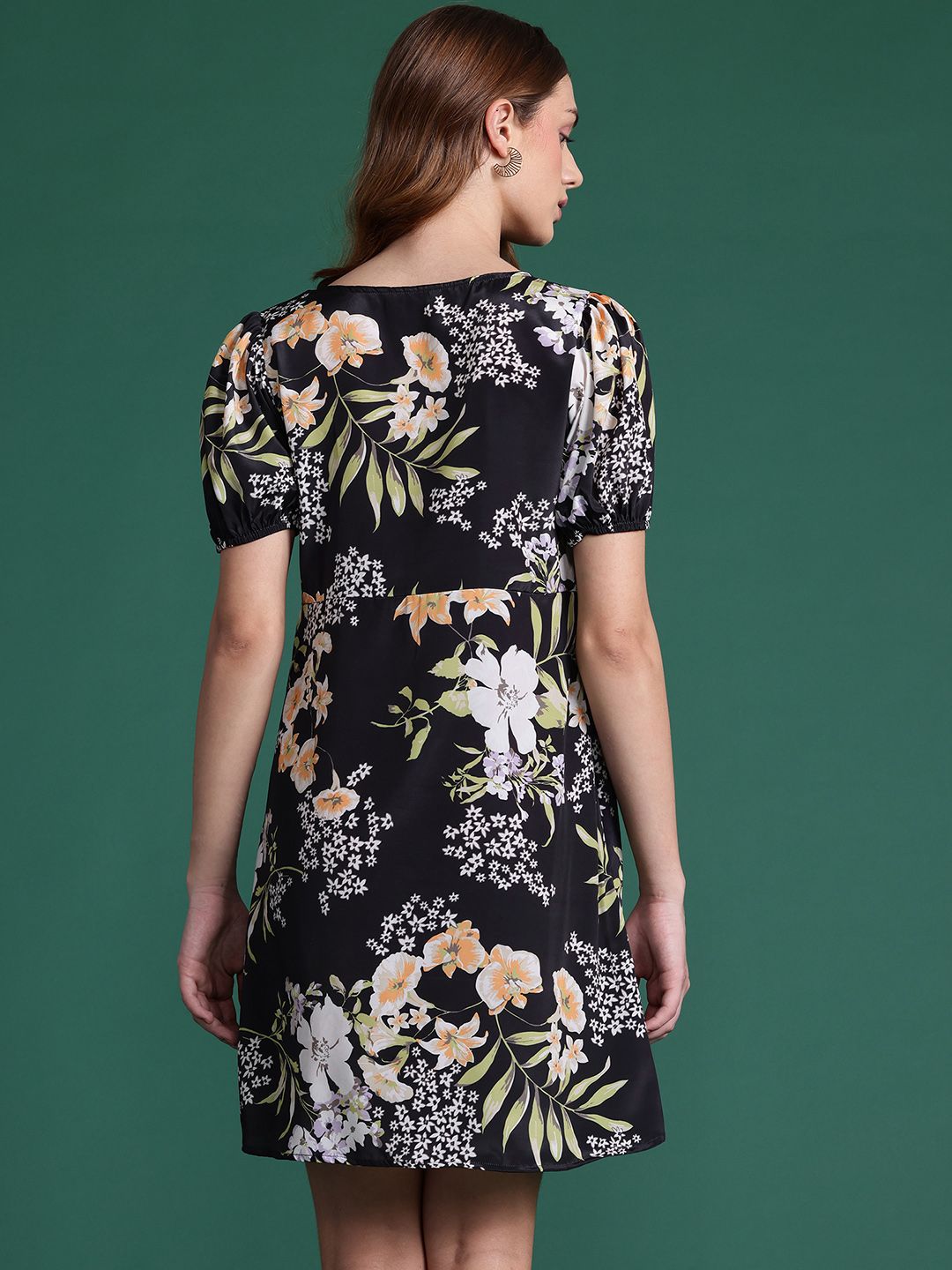 DressBerry Floral Print Puff Sleeve A-Line Midi Dress