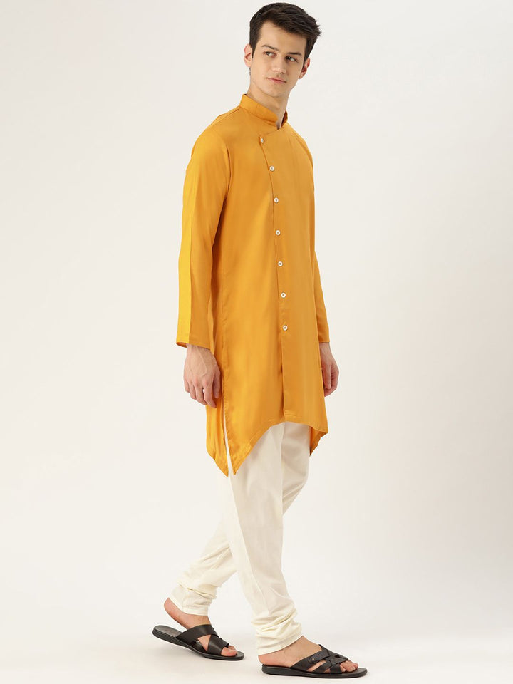 SOJANYA Men Mustard Yellow Solid Straight Asymmetric Kurta