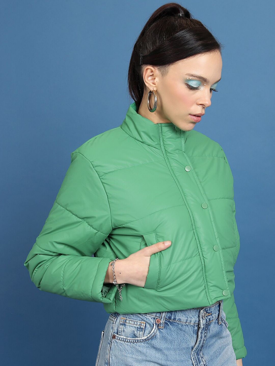 Tokyo Talkies Green Mock Collar Crop Padded Jacket