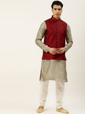 SOJANYA Men Beige Jacquard Silk Kurta with Churidar & Nehru Jacket