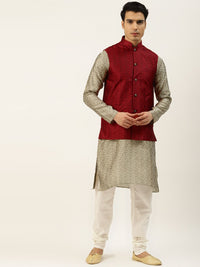 SOJANYA Men Beige Jacquard Silk Kurta with Churidar & Nehru Jacket