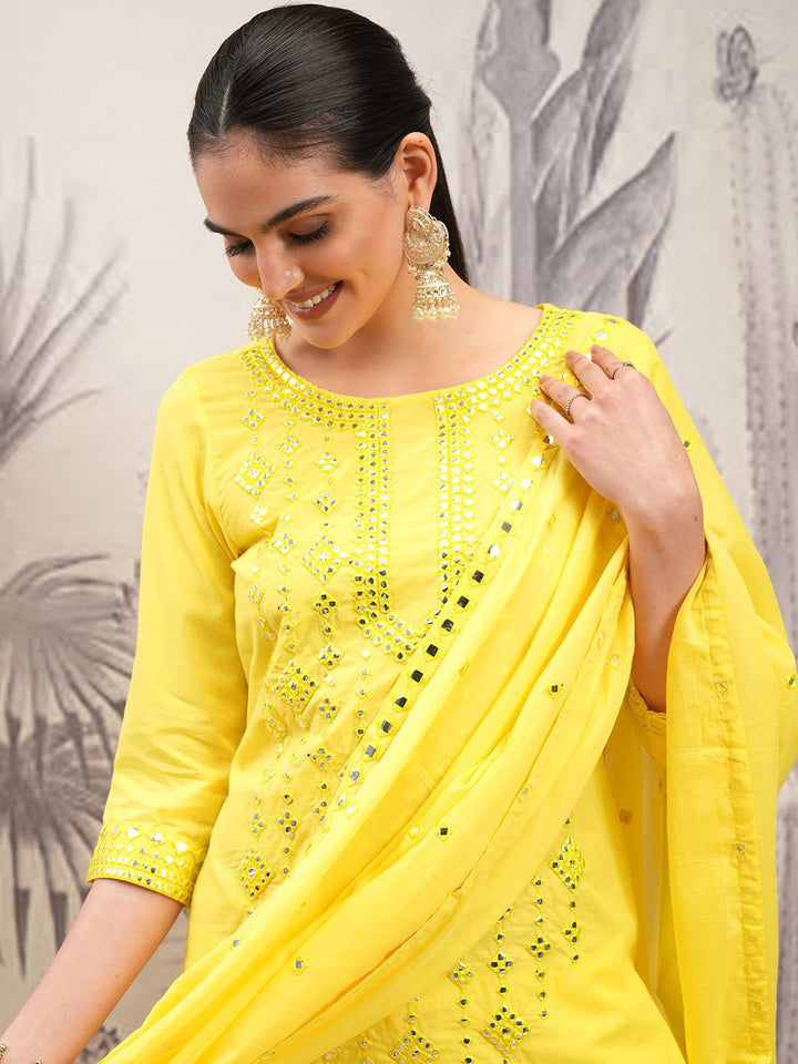 Vishudh Yellow Round Neck Ethnic Motifs Embroidered Pure Cotton Straight Kurta Set