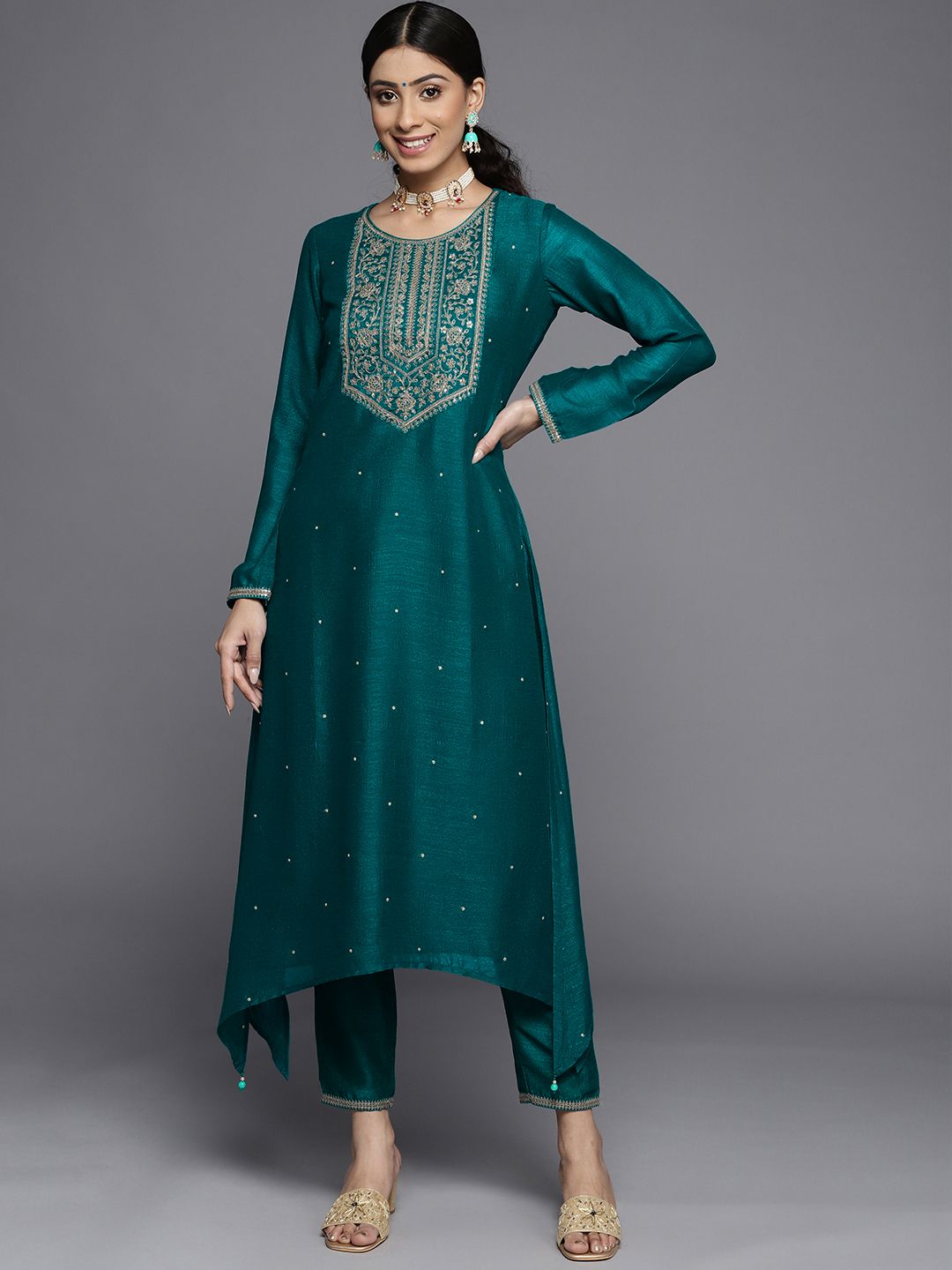 Libas Women Teal Blue & Golden Yoke Design Kurta