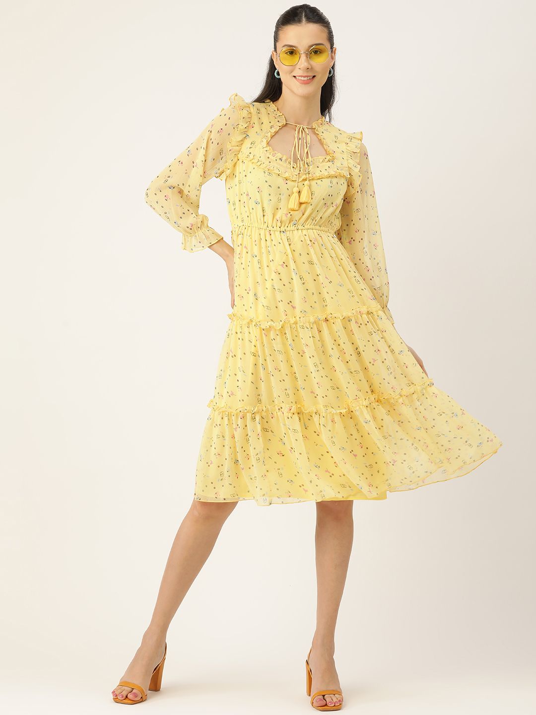 Antheaa Yellow Floral Chiffon Midi Dress