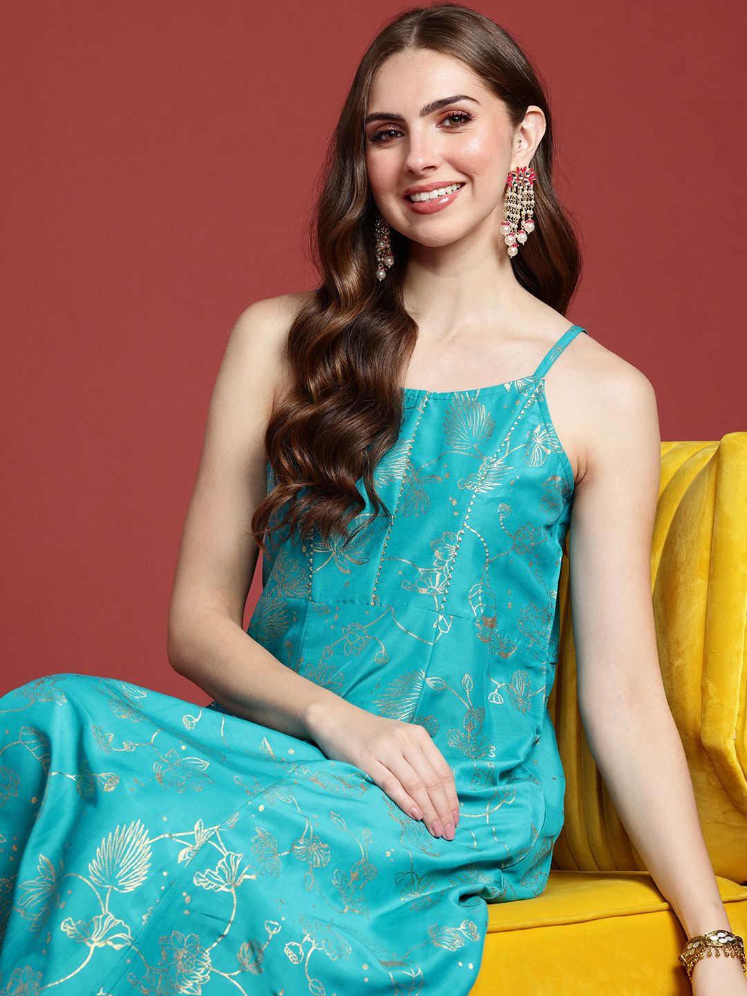 Anouk Shoulder Straps Gotta Patti Detail Floral Printed A-Line Kurta