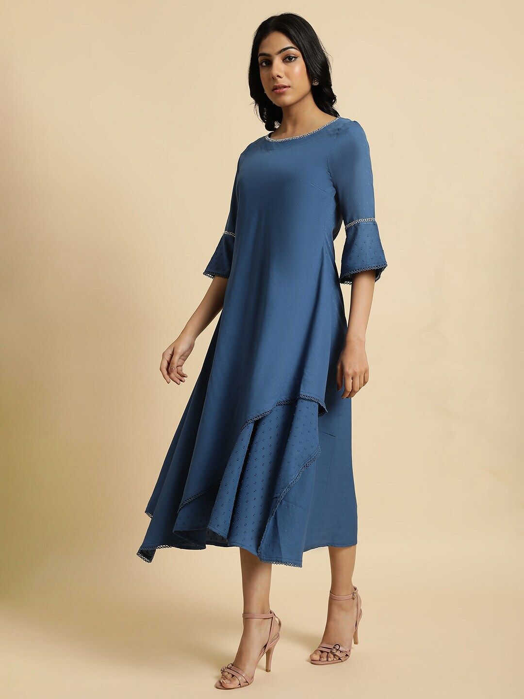 W Blue Bell Sleeves Layered  A-Line Midi Dress