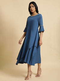 W Blue Bell Sleeves Layered  A-Line Midi Dress