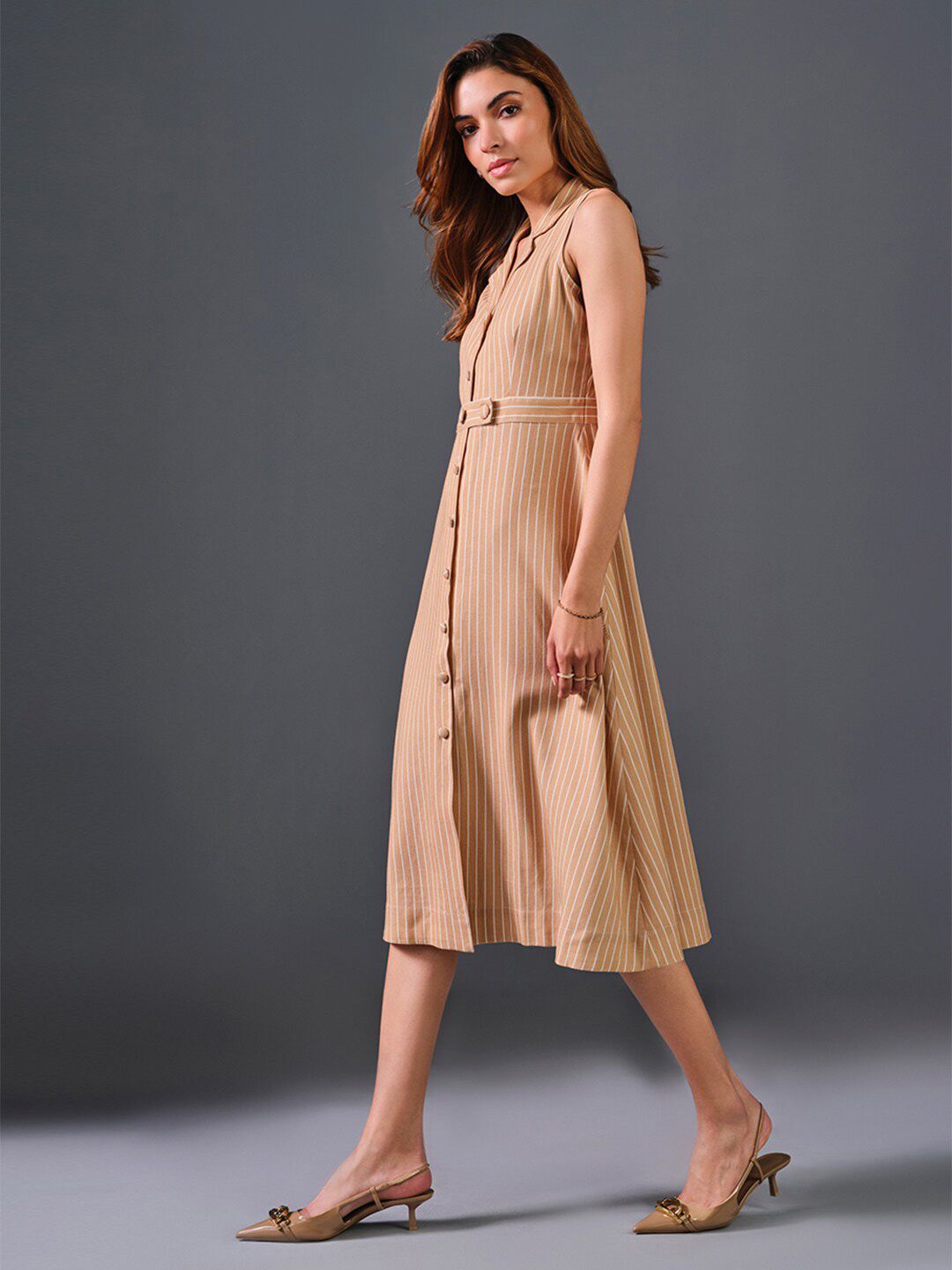 AND Lapel Collar Sleeveless Striped A-Line Midi Dress