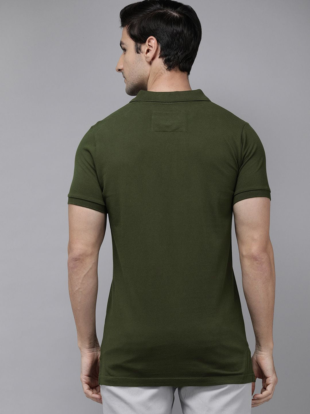 THE BEAR HOUSE Men Green Solid Overdyed Polo Collar Slim Fit Pure Cotton T-shirt
