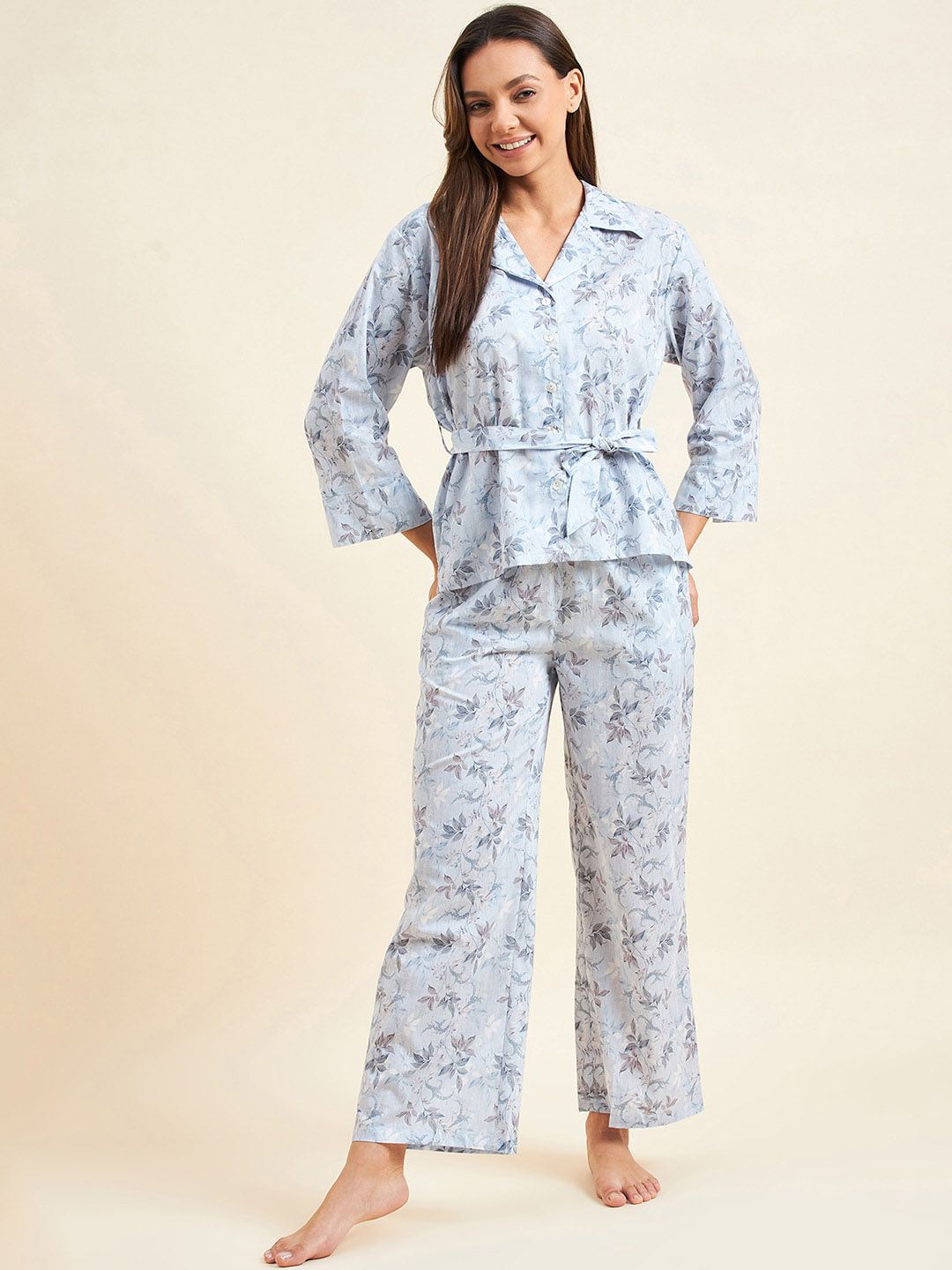Sweet Dreams Blue Floral Printed Pure Cotton Top With Pyjamas