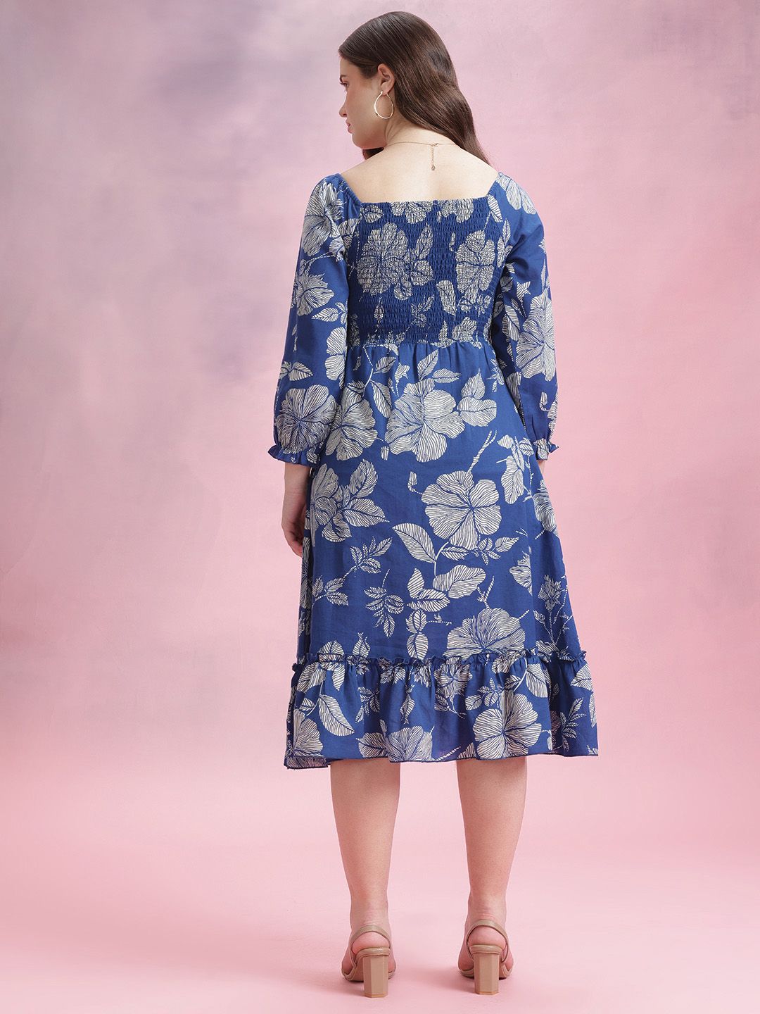 DressBerry Floral Print Gathered Detail Smocked Effect Cotton-Linen Midi A-Line Dress