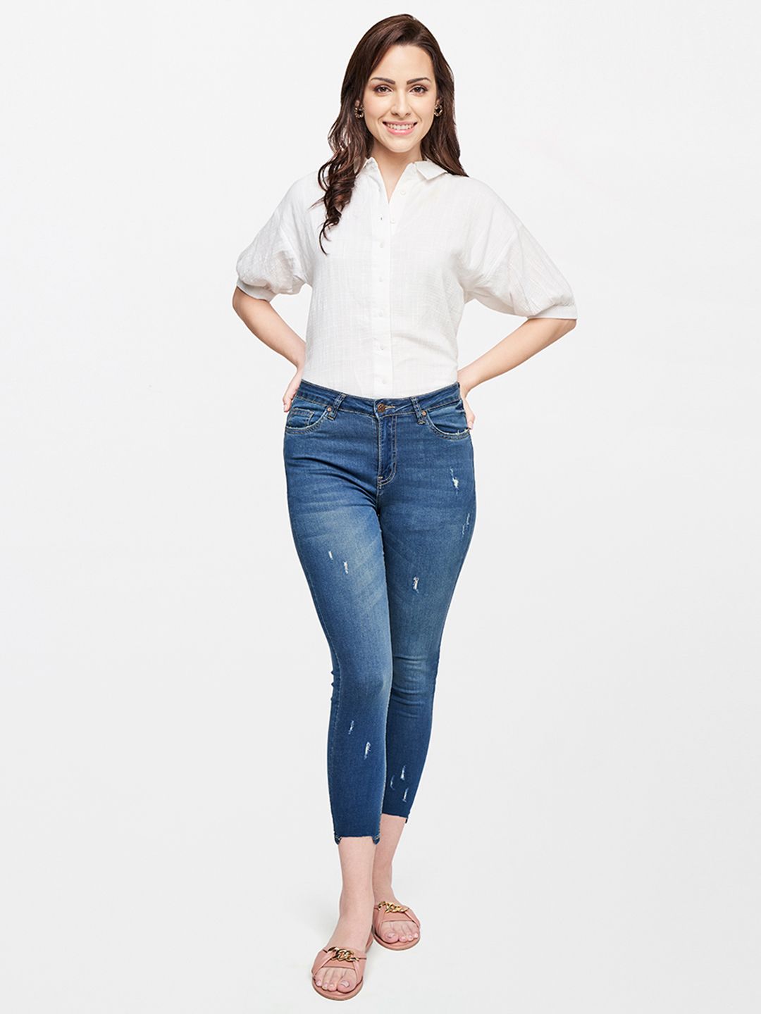 AND Women Blue High-Rise Low Distress Light Fade Jeans