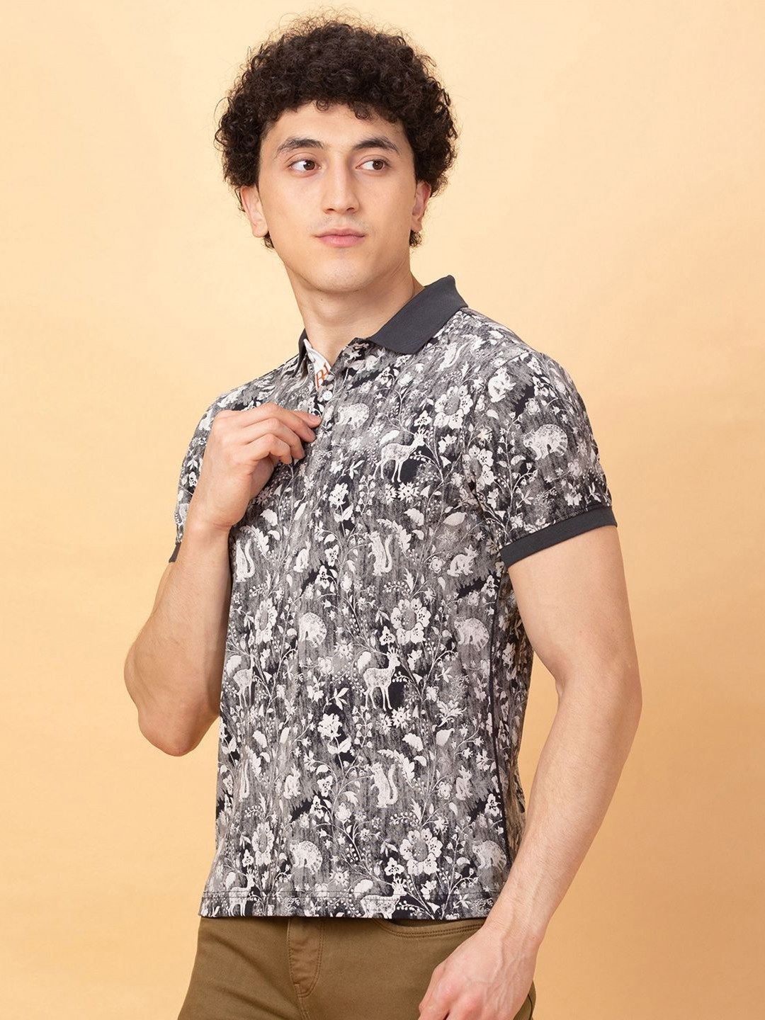 Being Human Men Floral Printed Polo Collar Pockets T-shirt