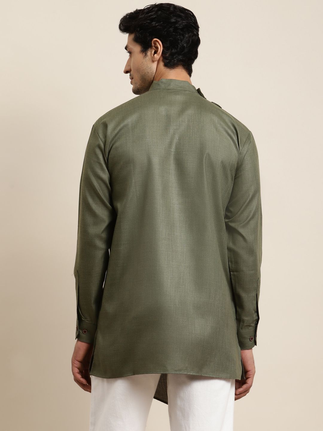 Anug by SOJANYA Men Olive Green Asymmetric Hem Kurta
