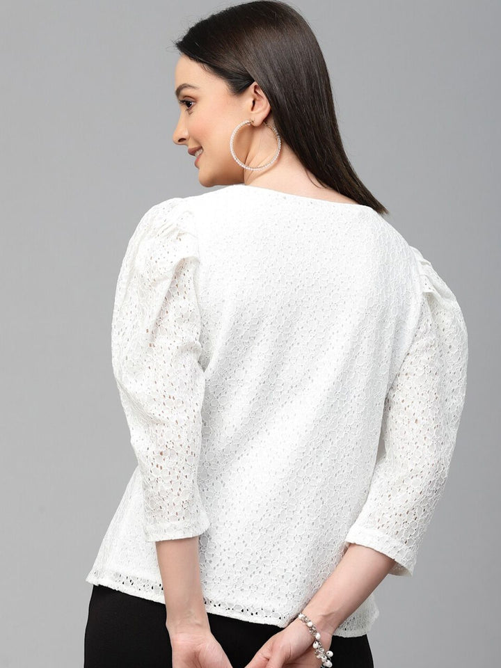 style quotient women Schiffli Puff Sleeve Cotton Regular Top