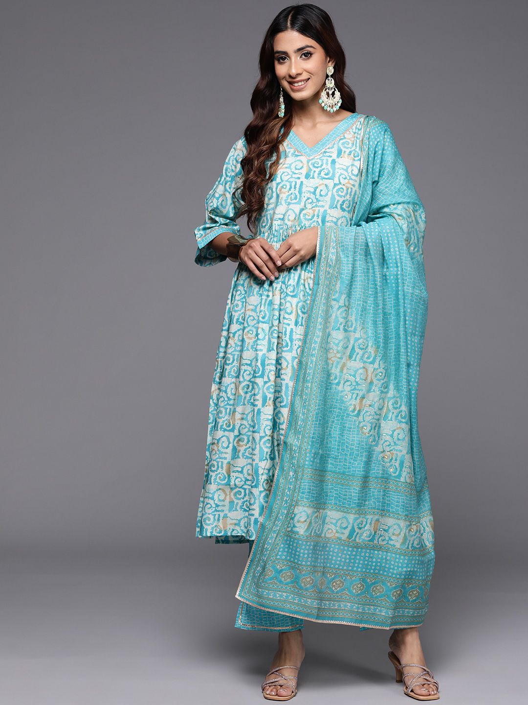 Libas Women Printed Pleated Gotta Patti Kurta with Palazzos & With Dupatta