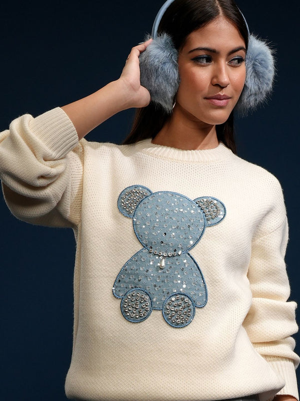 Tokyo Talkies Women Embellished Round Neck Sweater