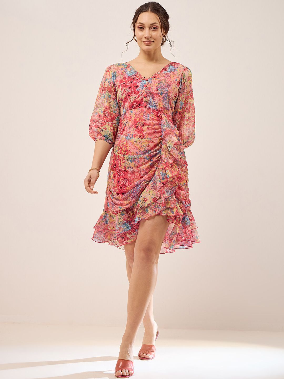 Antheaa Peach Floral Print V-Neck Puff Sleeve Layered Chiffon Wrap Dress
