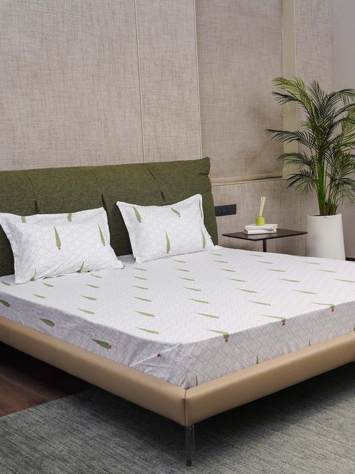 URBAN SPACE Pinewood White & Green Pure Cotton 200 TC Queen Bedsheet with 2 Pillow Covers
