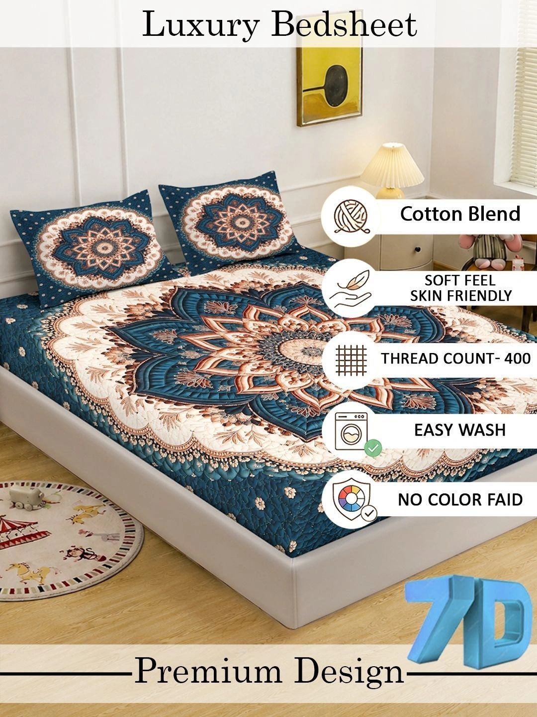 KLOTTHE Blue & Brown Floral 400 TC King Bedsheet with 2 Pillow Covers
