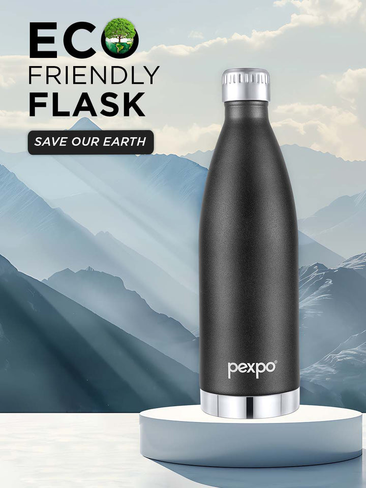 Pexpo Extreme Knight Black ISI Certified Thermosteel Hot & Cold Flask Water Bottle - 830ml