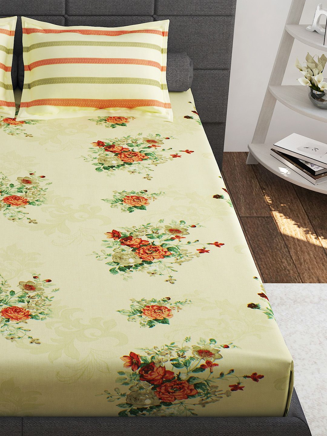 Story@home Ventura Orange Cream-Coloured 144 TC Cotton Queen Bedsheet 2 Pillow Covers