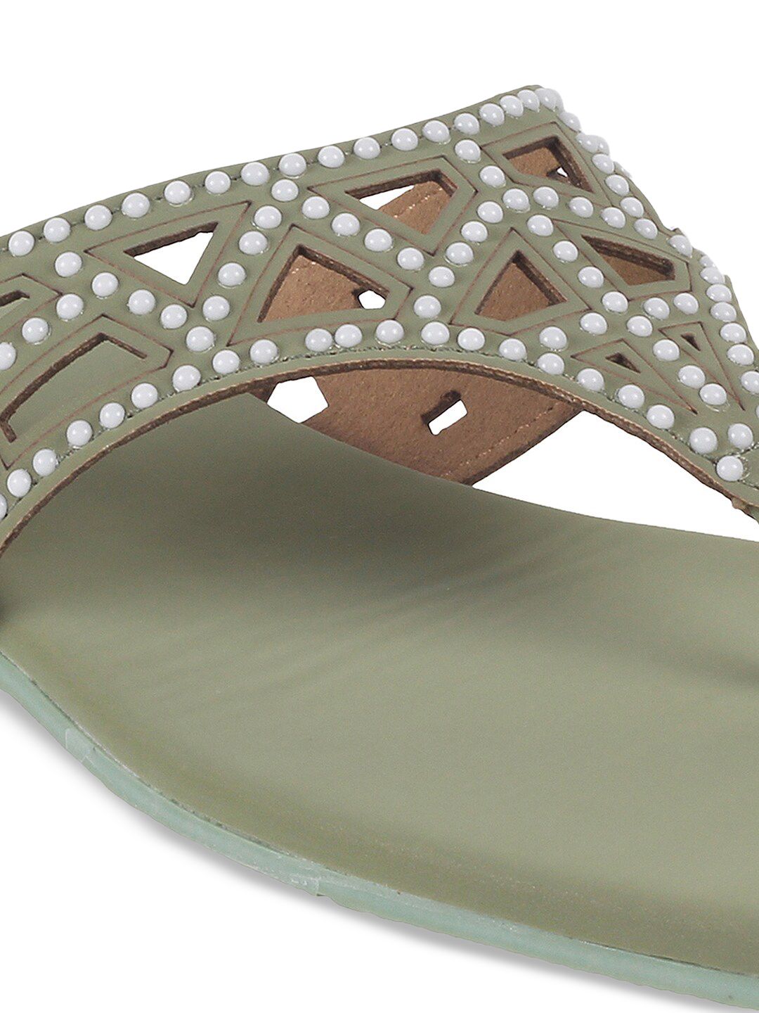 Mochi Embellished Open Toe Flats With Laser Cuts