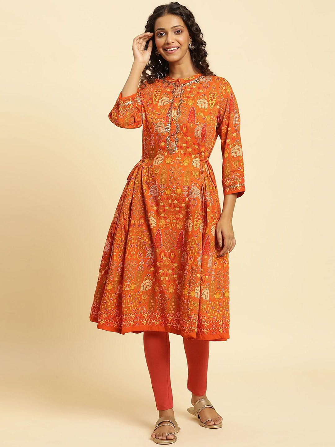 W Orange Ethnic Motifs Printed Mandarin Collar Sequinned Kurta