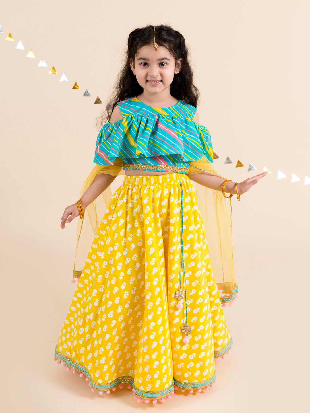 pspeaches Girls Yellow & Turquoise Blue Printed Ready to Wear Lehenga & Blouse With Dupatta