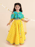 pspeaches Girls Yellow & Turquoise Blue Printed Ready to Wear Lehenga & Blouse With Dupatta