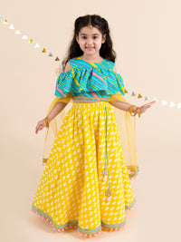 pspeaches Girls Yellow & Turquoise Blue Printed Ready to Wear Lehenga & Blouse With Dupatta
