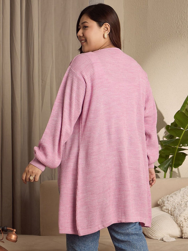 Berrylush Curve Women Plus Size Longline Self Design Open Knit Front-Open Sweaters