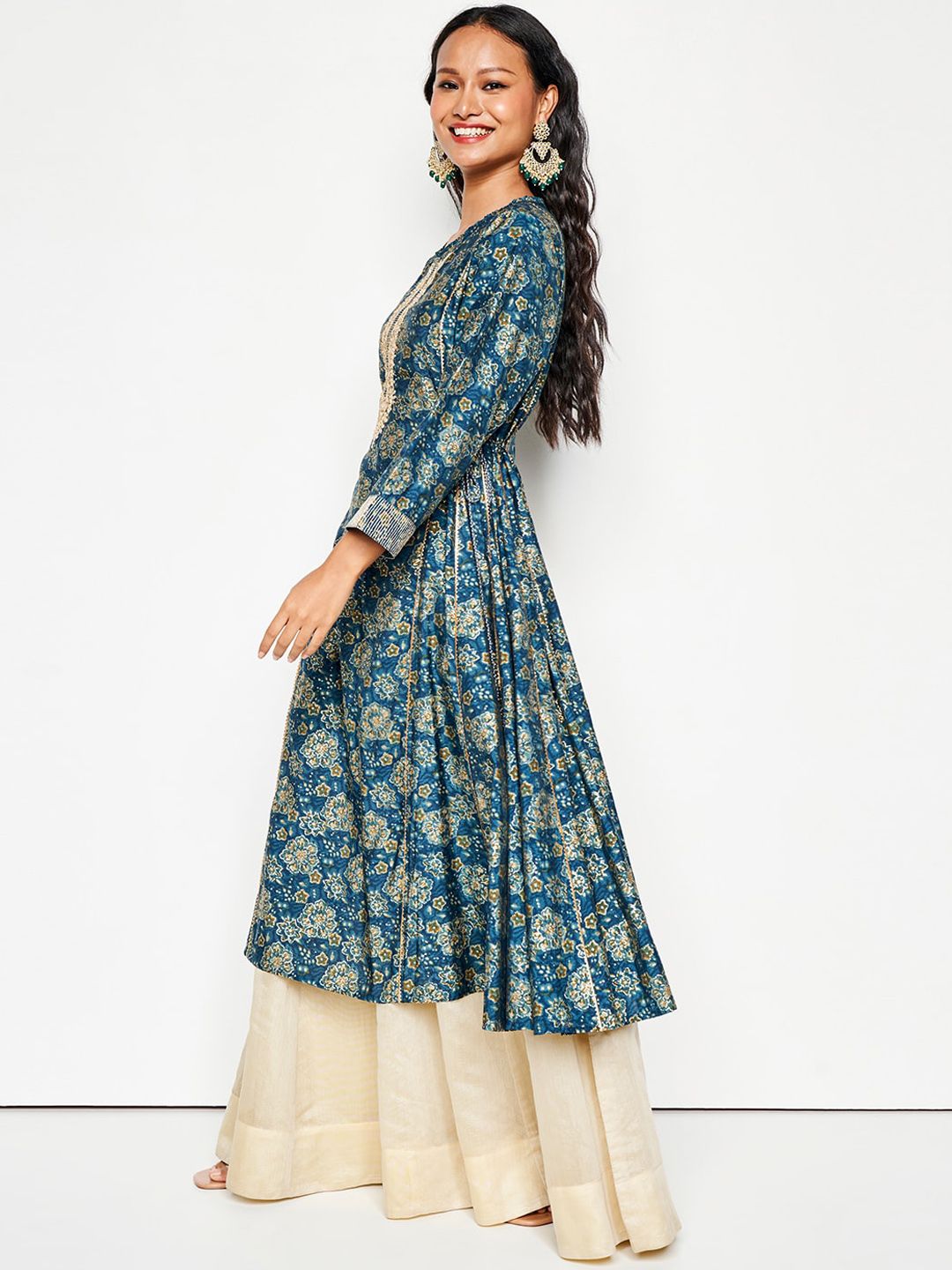 Global Desi Ethnic Motifs Printed Mirror Work Pleated Anarkali Kurta