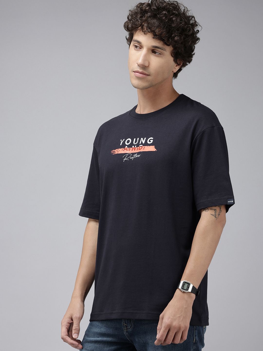 SPYKAR Typography Printed Drop-Shoulder Sleeves Oversized T-shirt