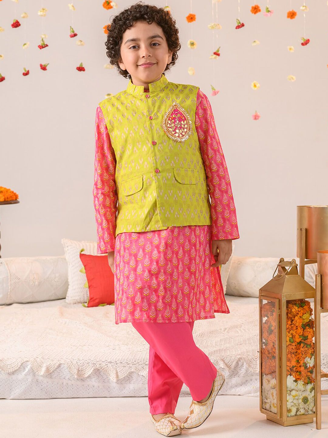 pspeaches Boys Ethnic Motifs Printed Pure Cotton Kurta With Pyjamas And Nehru Jacket