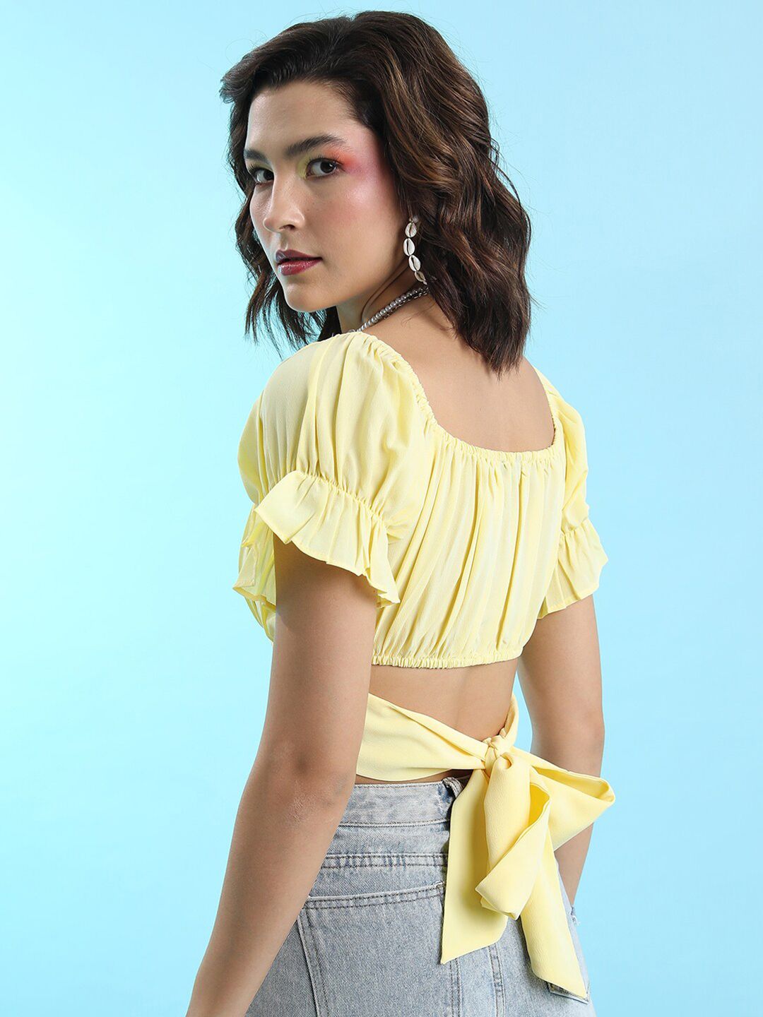Tokyo Talkies Yellow Puff Sleeves Styled Back Crop Top