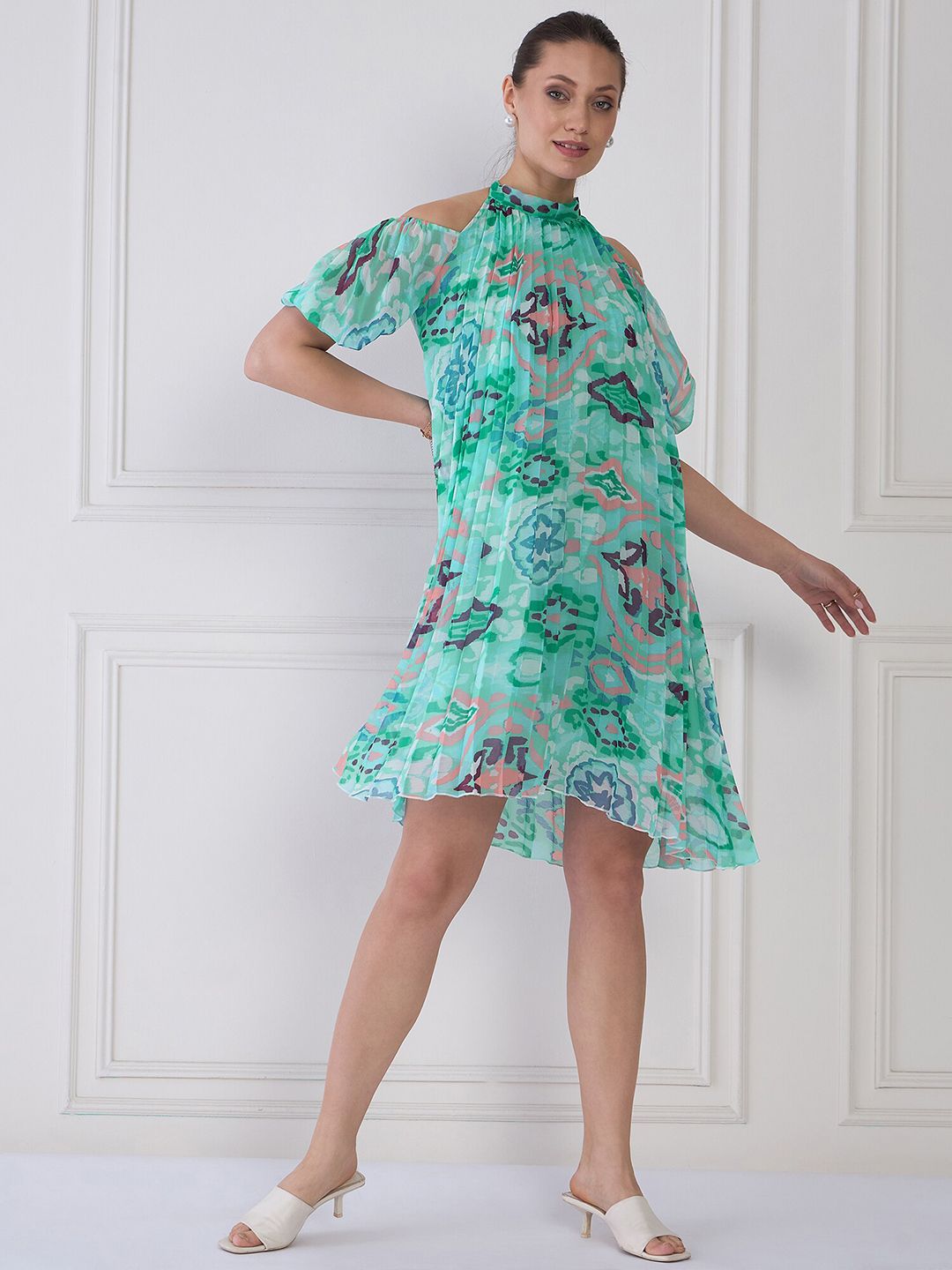 Antheaa Sea Blue Floral Print Halter Neck Pleated A-Line Dress