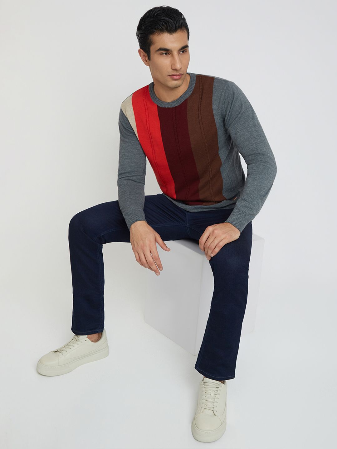 Raymond Men Maroon & Brown Striped Pullover