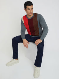 Raymond Men Maroon & Brown Striped Pullover