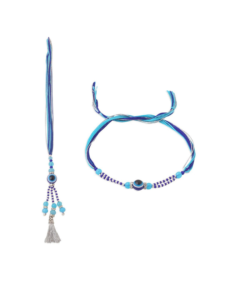 NVR Set of 2 Blue Evil Eye Artificial Beads Bhaiya Bhabhi Rakhi with Roli Chawal