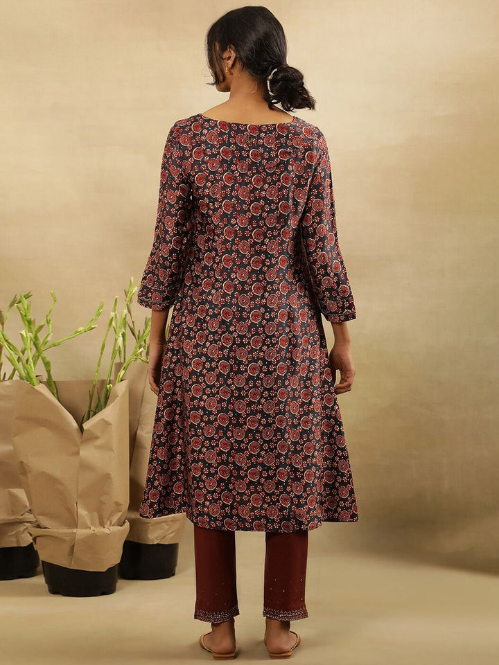 W Abstract Printed Keyhole Neck Flared Sleeves A-Line Kurta