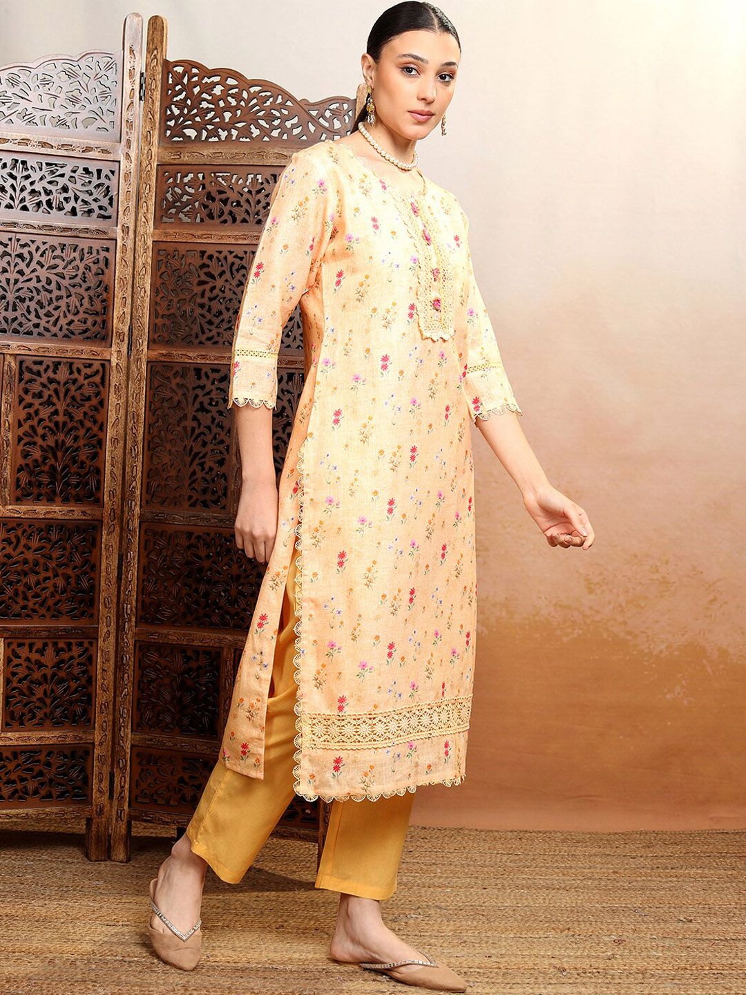 Vishudh Orange Printed Thread Work Pure Cotton Straight Kurta WithTrousers & Dupatta
